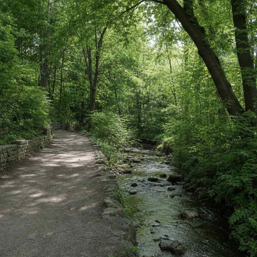 A leafy summer walking trail in a Toronto ravine park