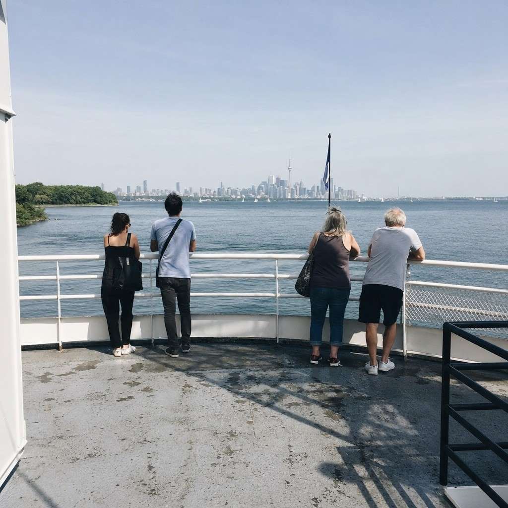 Passengers on the deck of a Toronto Islands ferry