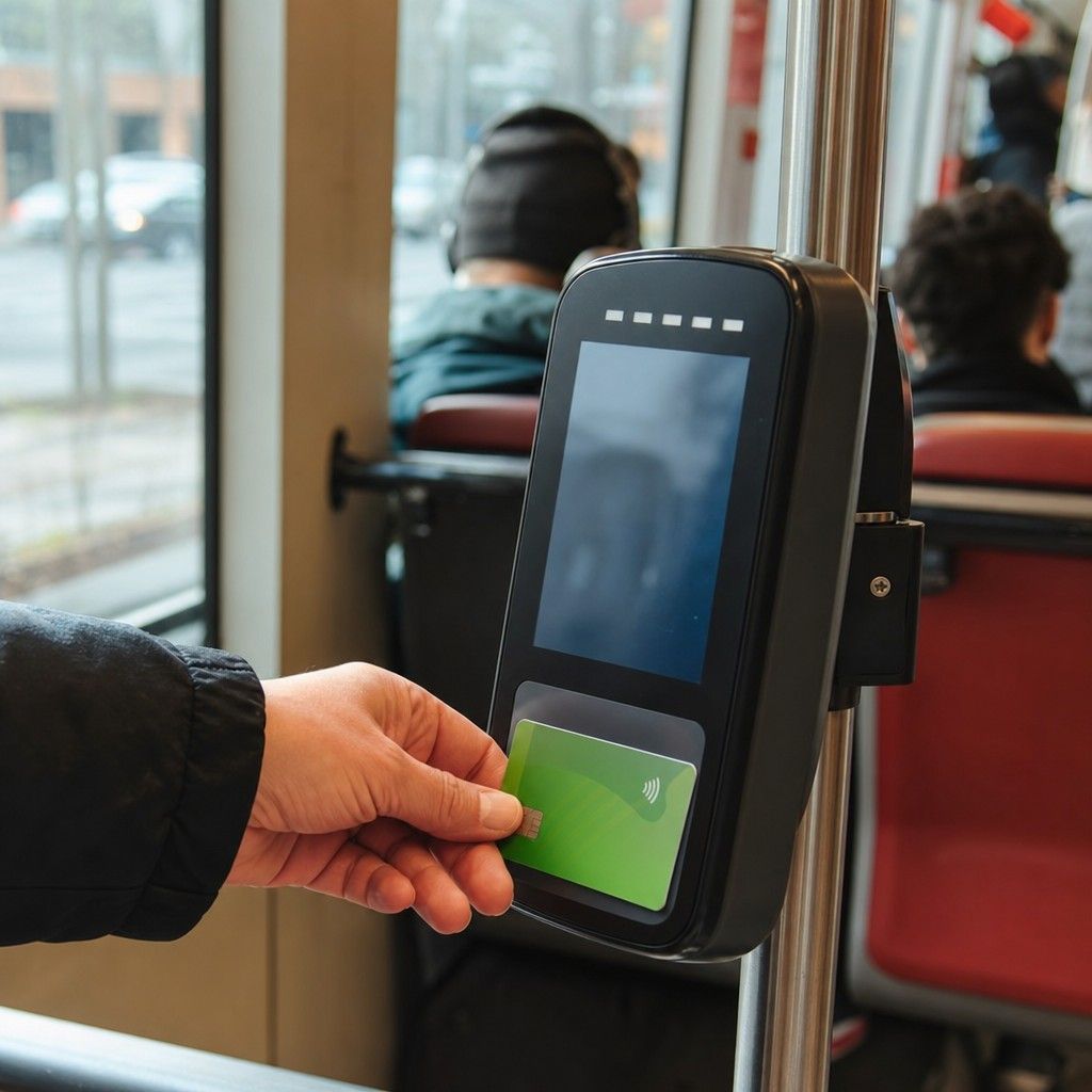 A hand tapping a contactless card on a transit fare reader
