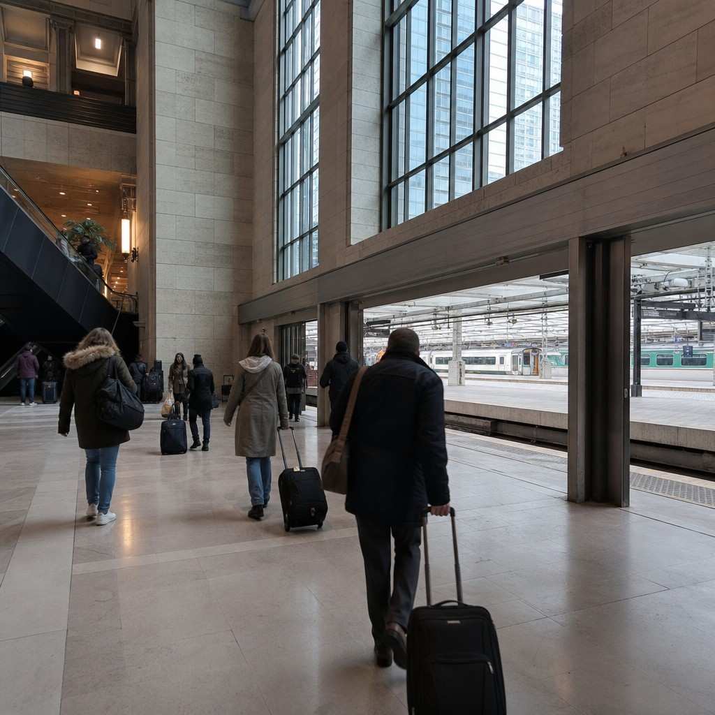 Travellers in a downtown Toronto train station concourse